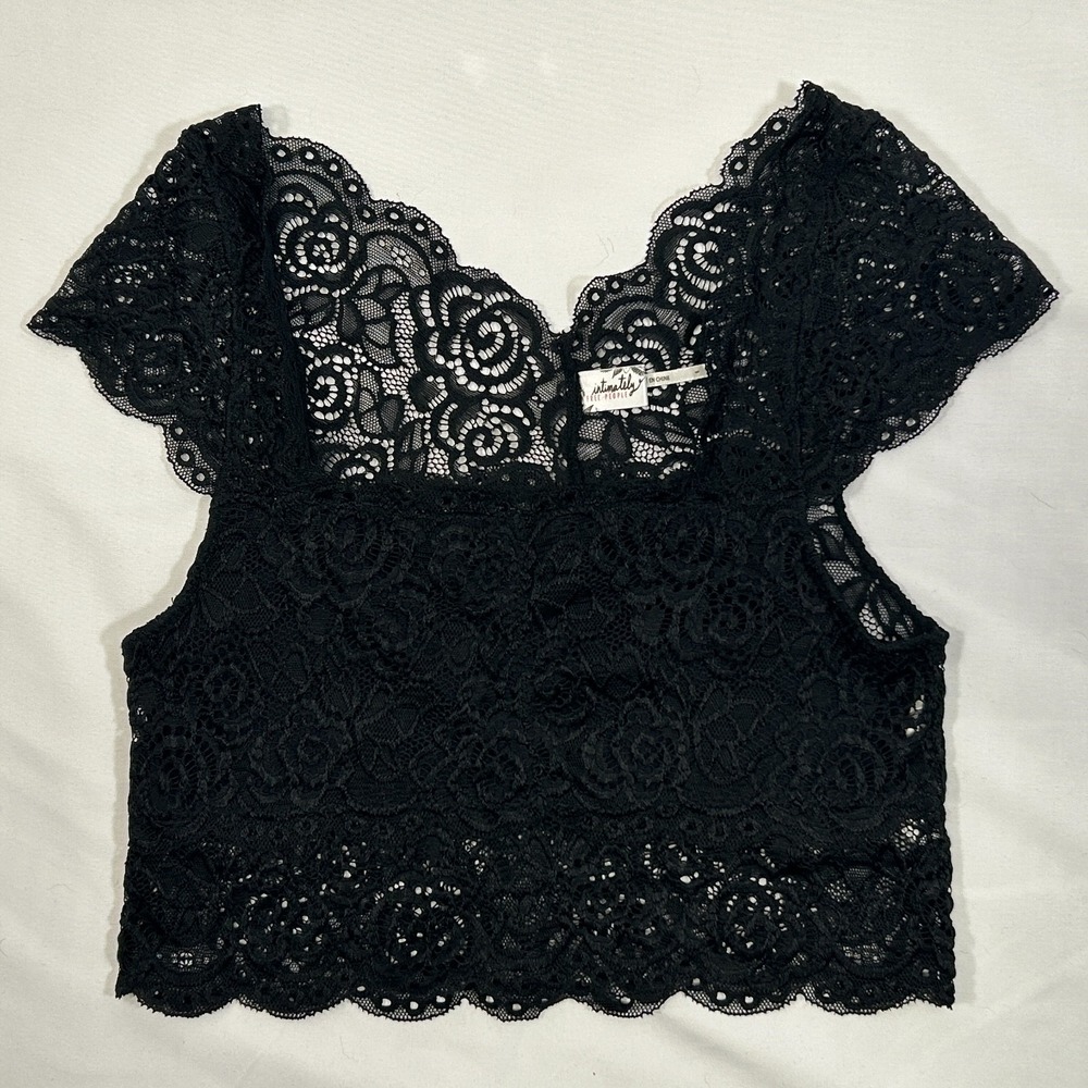 Free People Intimately Chase Me Crop Top Black Lace Brami Bralette‎ Small Lined